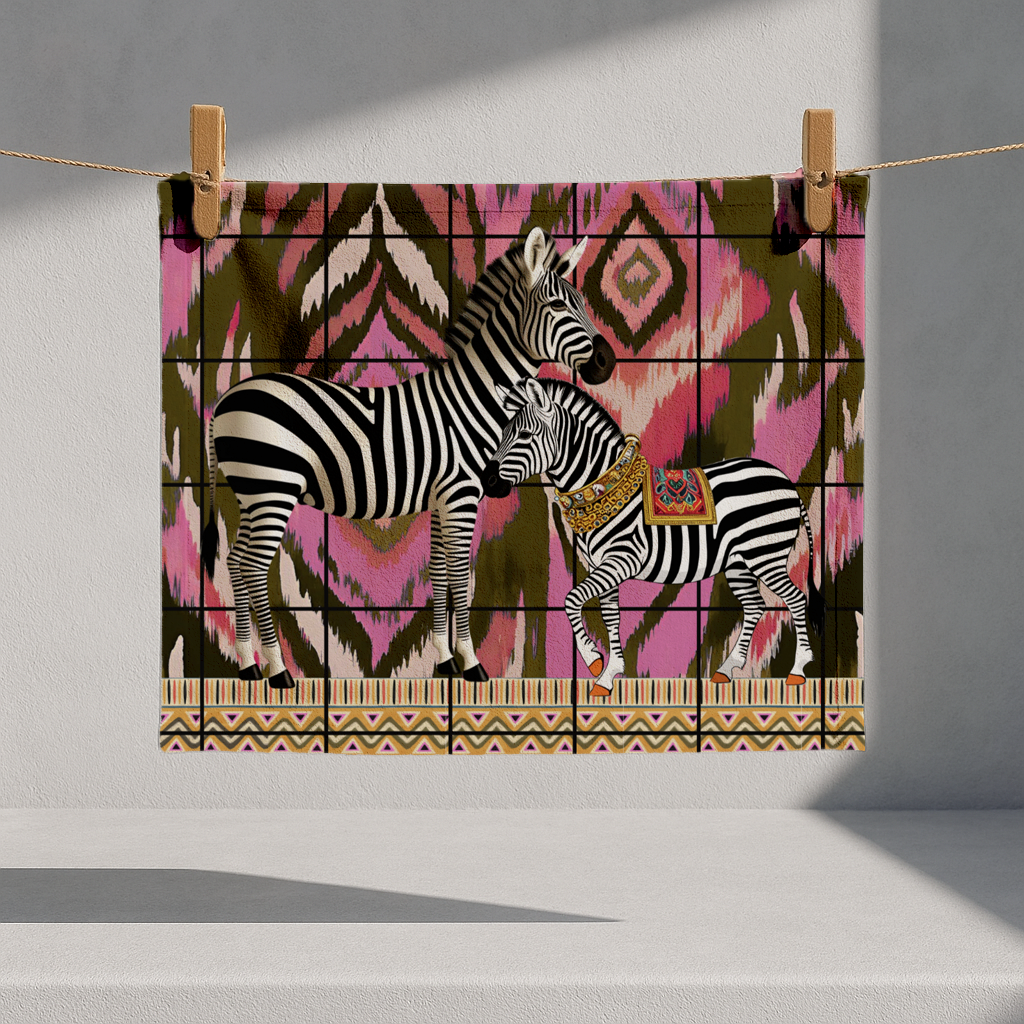Two Zebras On Ikat - Tea Towel