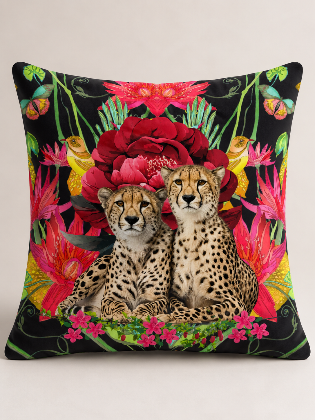 Two Cheetahs & Red Flowers