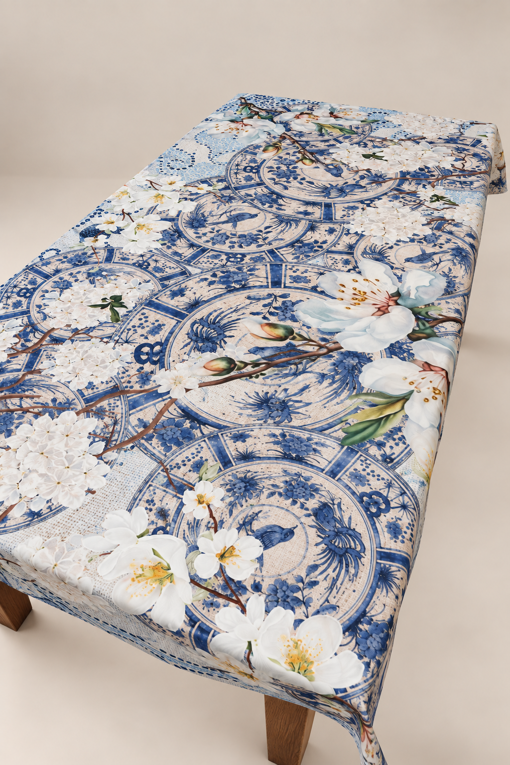 Outdoor Tablecloth - Blue & White Plates With Blossoms