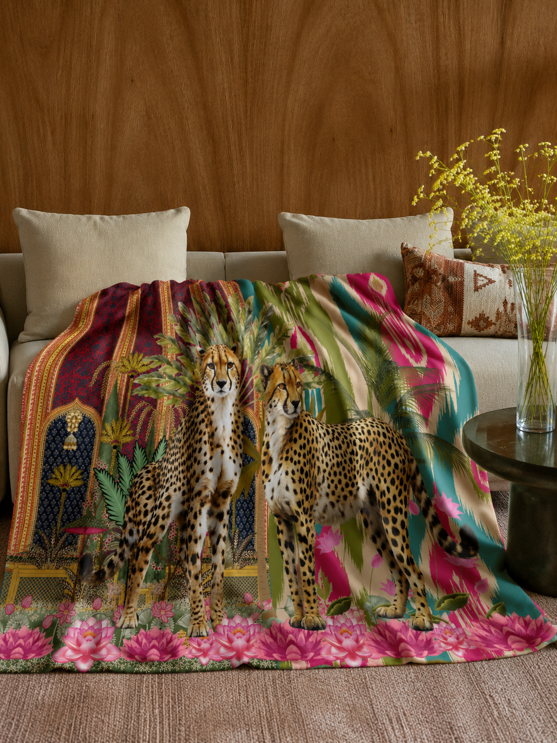 Two Cheetahs On Ikat Fleece Blanket