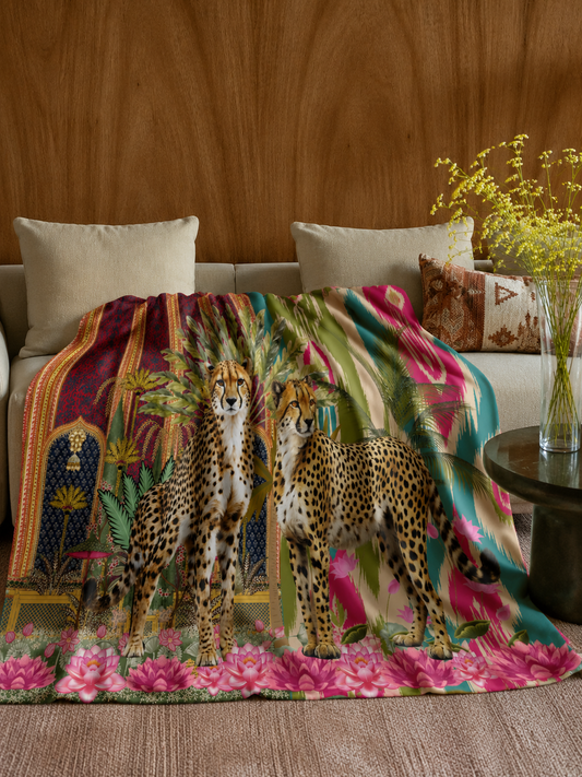 Two Cheetahs On Ikat Fleece Blanket
