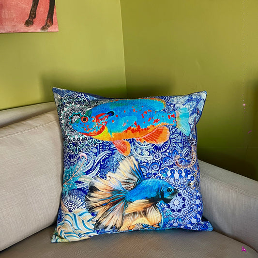 Blue Betta Fish - 55 x 55cm Natural Weave Cushion - Hannah Claire Creations