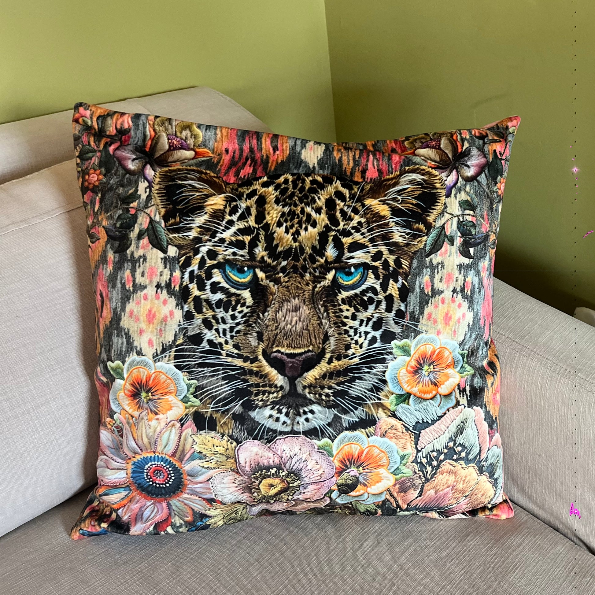 Ikat Leopard & Flowers - 50 x 50cm Cushion - Hannah Claire Creations