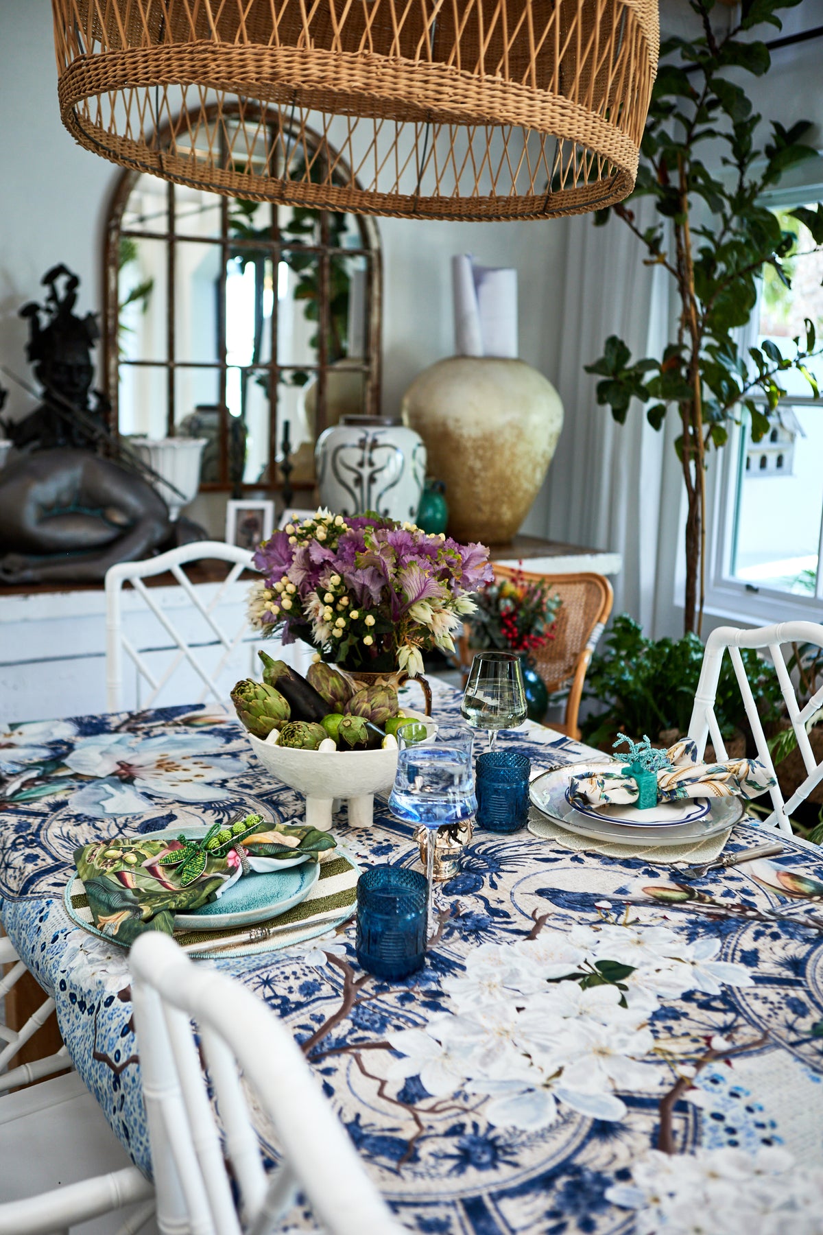 Outdoor Tablecloth - Blue & White Plates With Blossoms