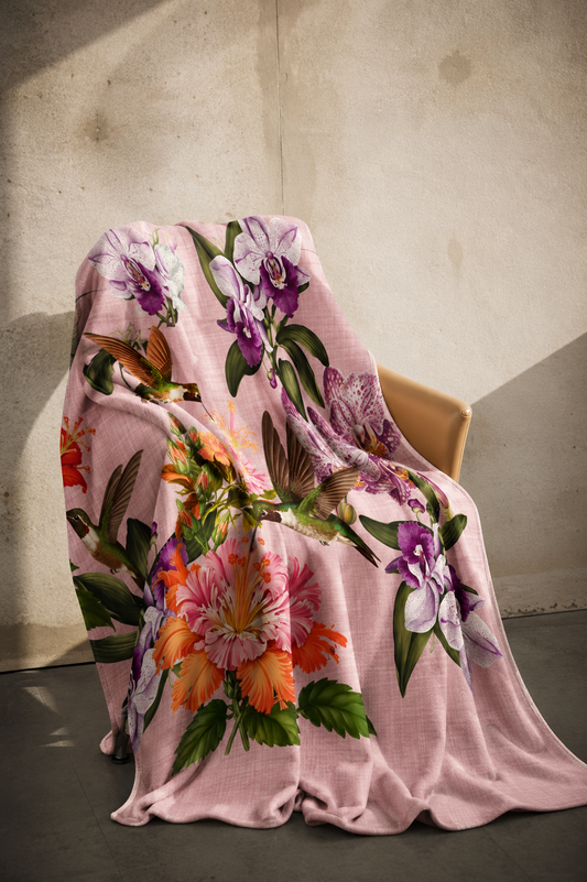 Orchids & Hummingbirds On Pink - Fleece Blanket