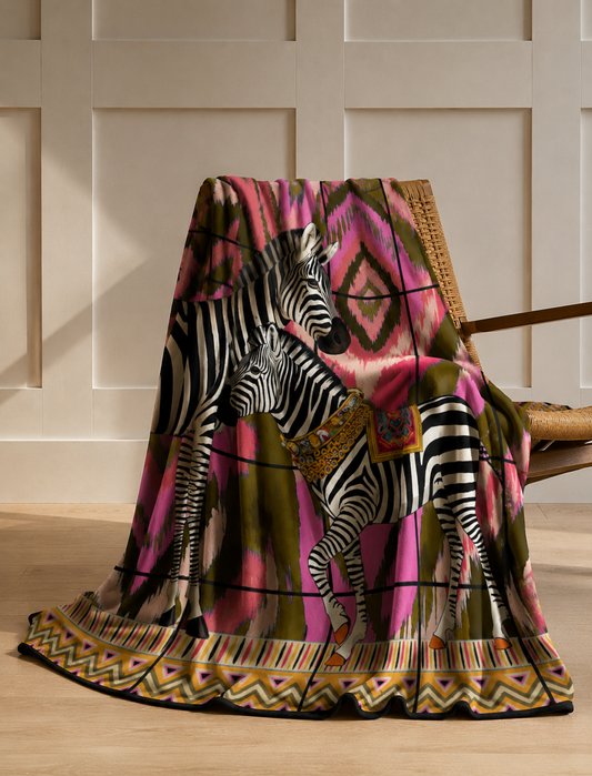 Zebras On Ikat - Fleece Blanket